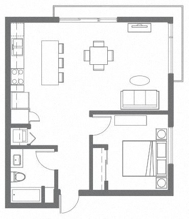 Floor plan for 1 bed, 1 bath, 686 sqft
